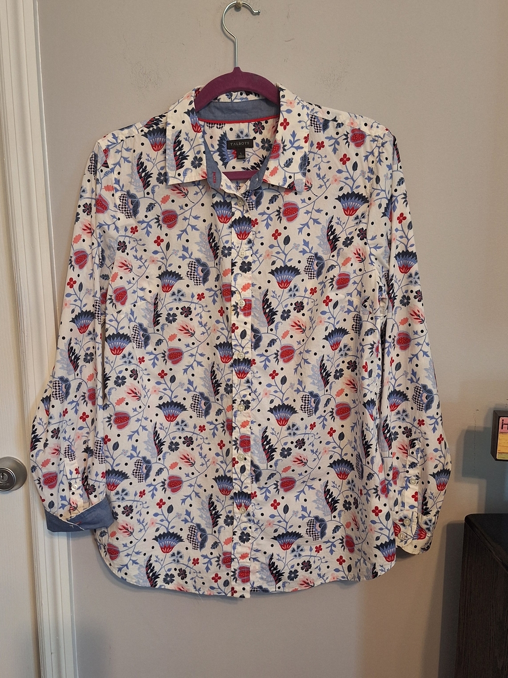 Talbots White Vibrant Floral 100% Cotton Button-Down Long Sleeve Blouse